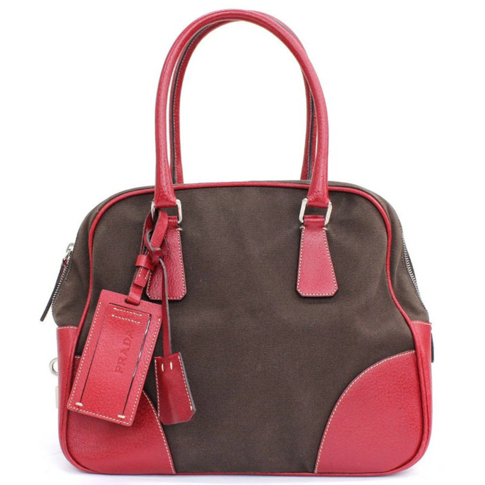 Prada Leather Canvas Shoulder Handbag Brown Red